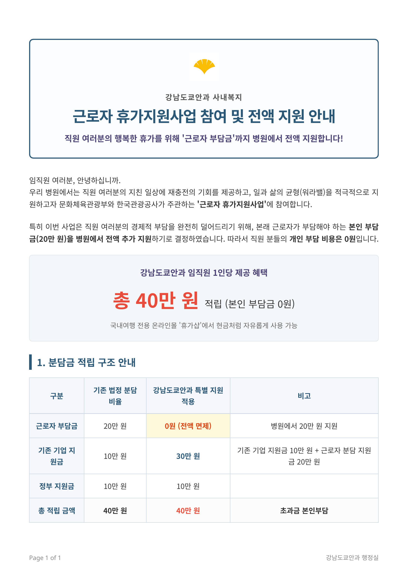 강남도쿄안과, 임직원 근로자 휴가지원사업 전액 지원