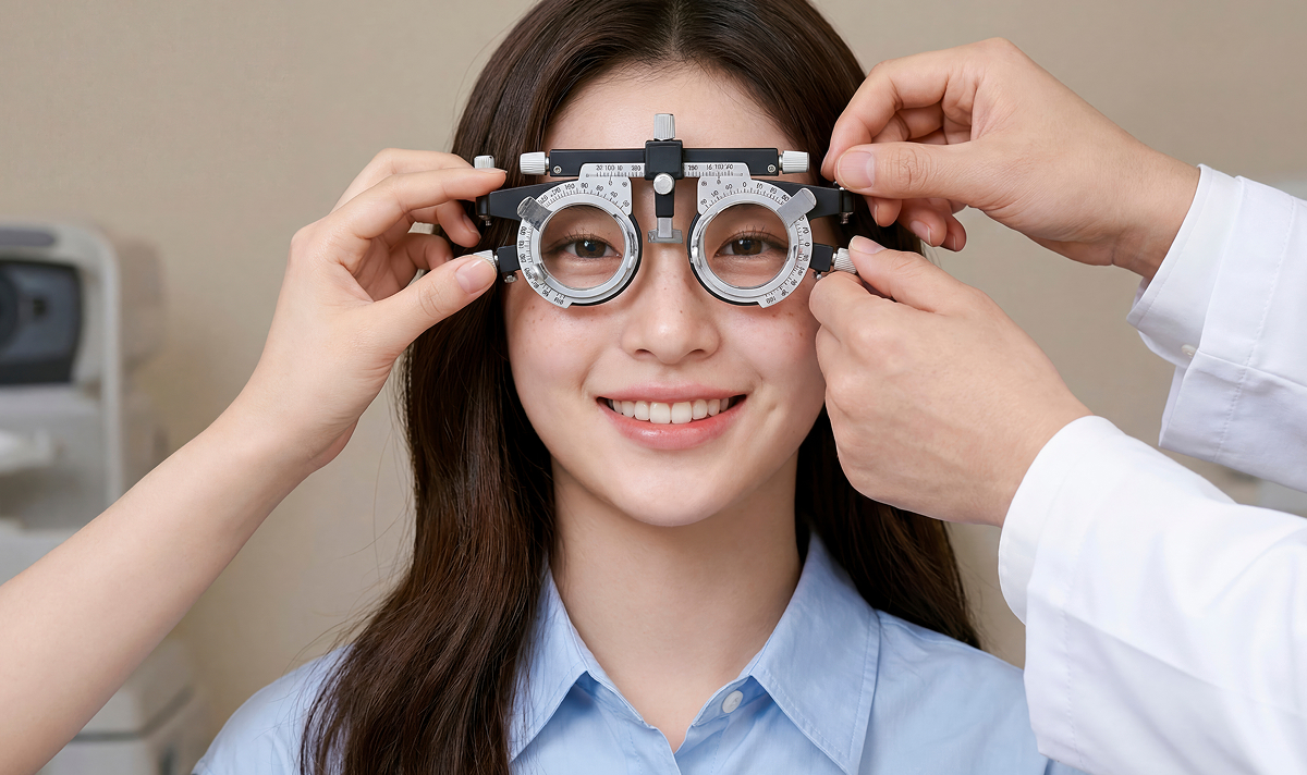 강남 ICL 적합 여부를 확인하기 위해 시력검사를 받는 환자
